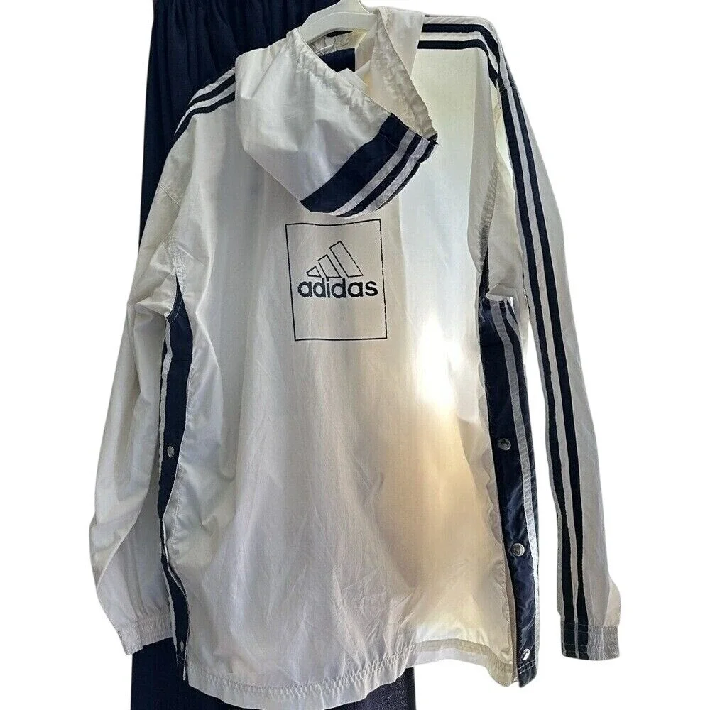 Vintage Adidas Mens White Navy Blue Striped Full Zip Hooded Windbreaker Jacket M